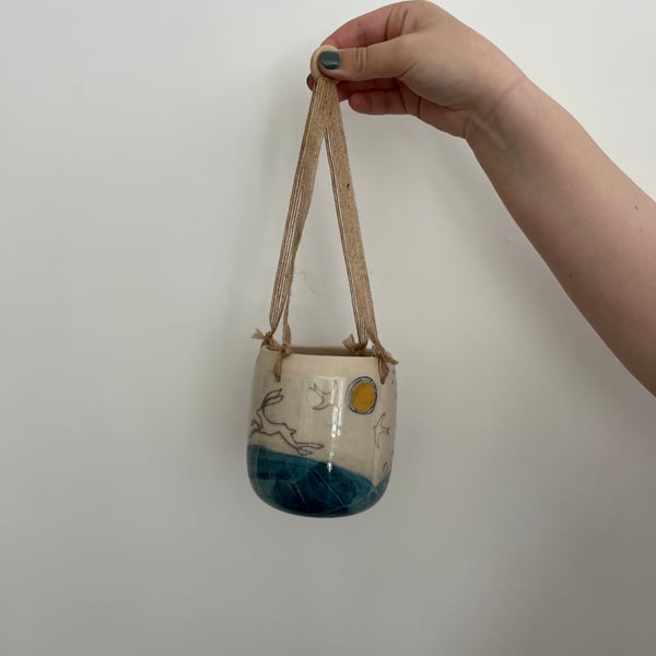 A Ceramic hanging plant holder - 99 Hare mustard moon - Summer Studio Sale 