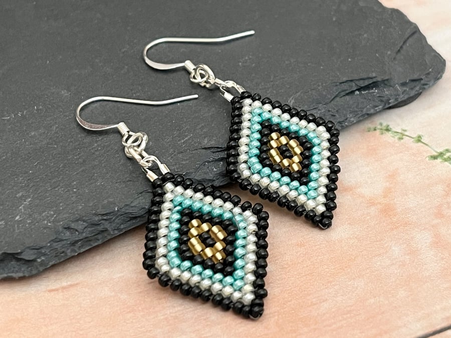 Colourful turquoise and black diamond beaded earrings