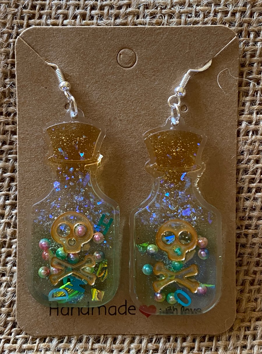 Fun Handmade Pair Of Poisson Bottle Earrings In Sparkly Light Green