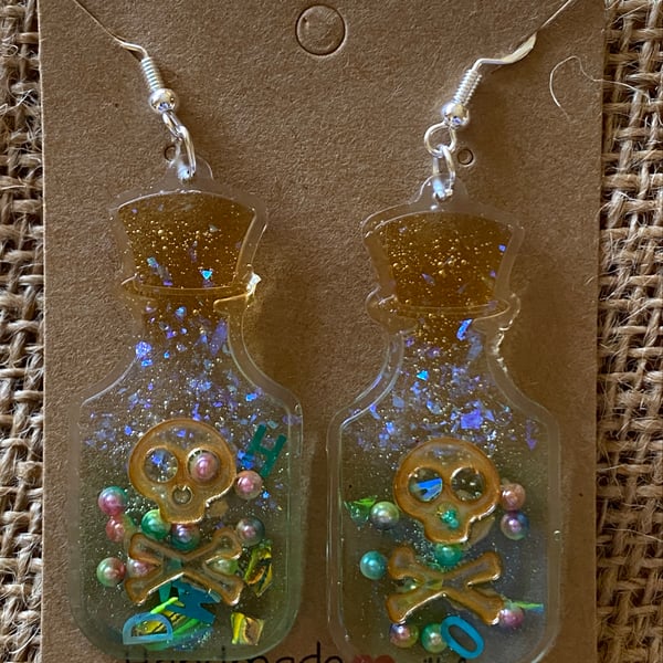 Fun Handmade Pair Of Poisson Bottle Earrings In Sparkly Light Green