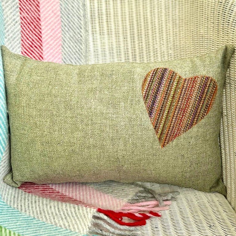 Tweed Appliqué Heart Scatter Cushion with Pad, Sage 46x30cm
