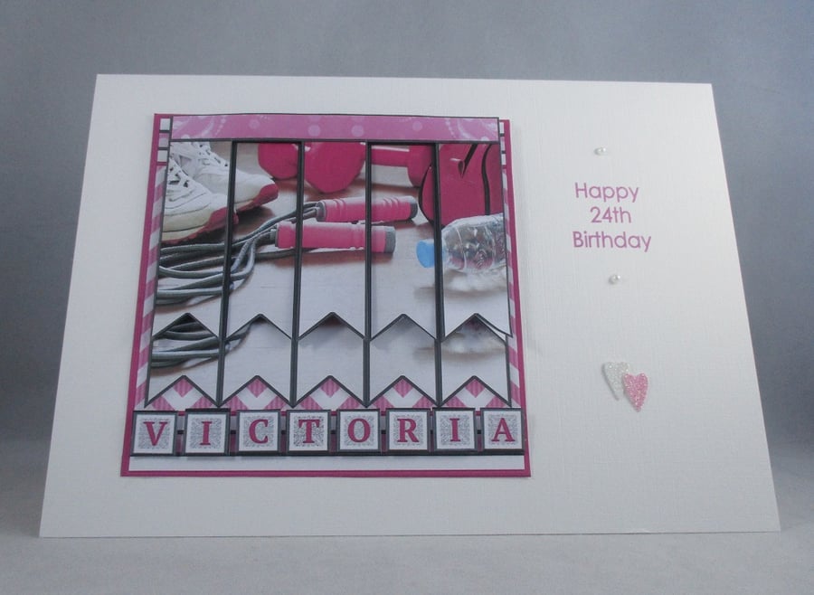 Handmade 3D Ladies Gym Greeting Card, pink,personalise
