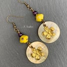 Artisan lampwork glass bead & natural shell dangle earrings - FREE UK P&P 