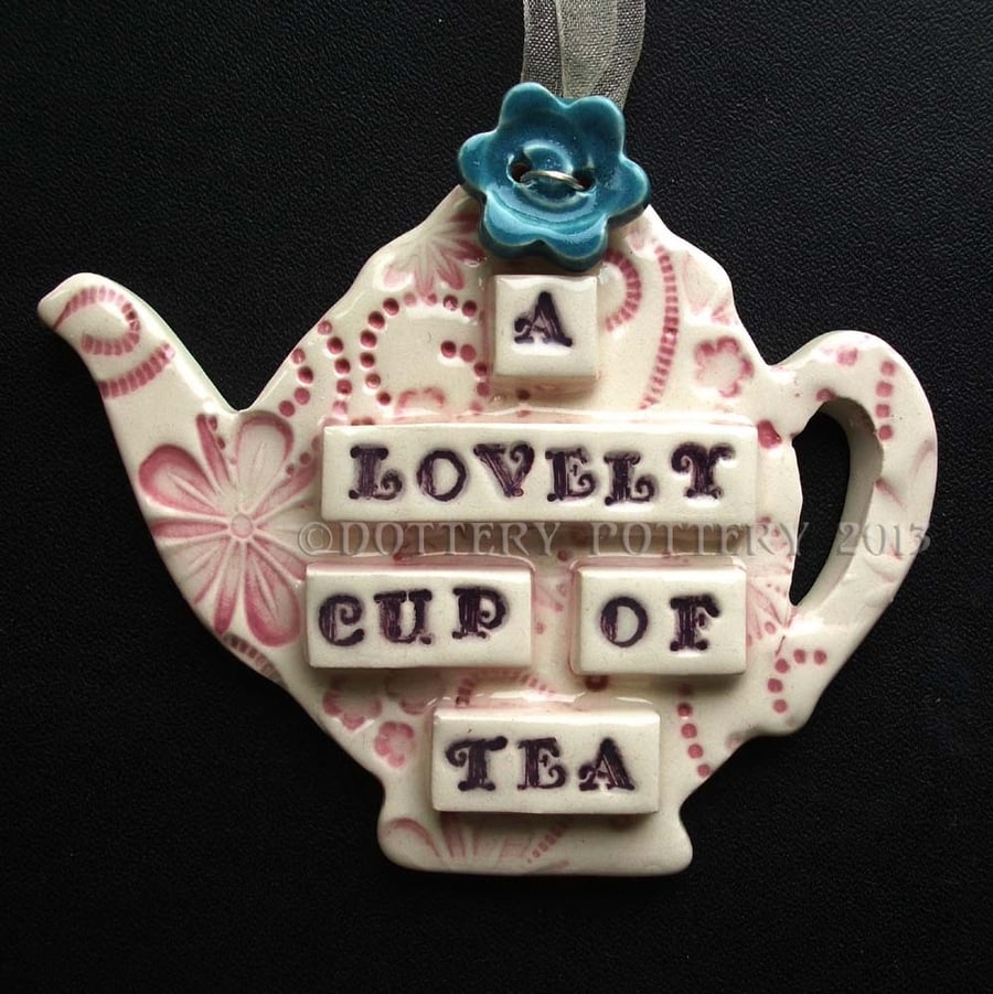 Ceramic teapot decoration with button flower - Folksy