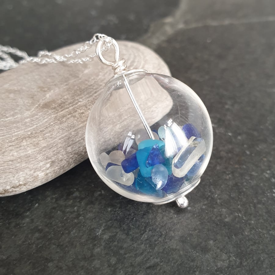 Glass vial pendant with blue and white sea glass, Beach wedding jewellery