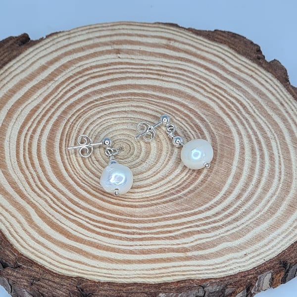 Handmade Sterling Silver Freshwater Pearl Dangle Stud Earrings
