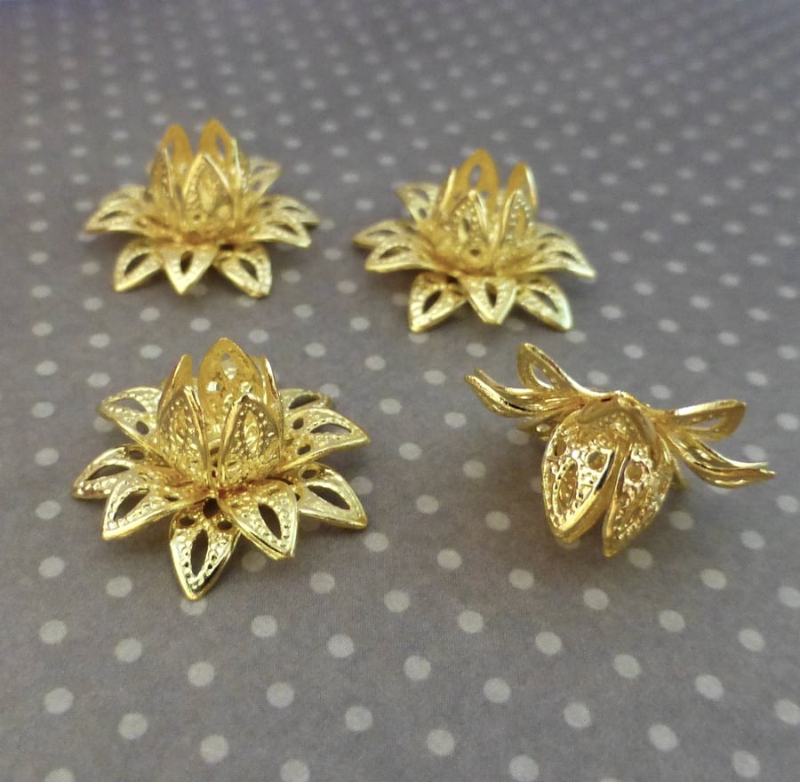 Pack of 10 - Brass Flower 3D Bead Caps Gold Colour