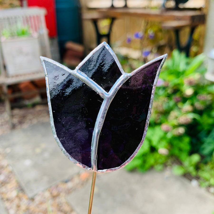Stained  Glass Tulip Stake Small - Handmade Plant Pot Dec - Purple