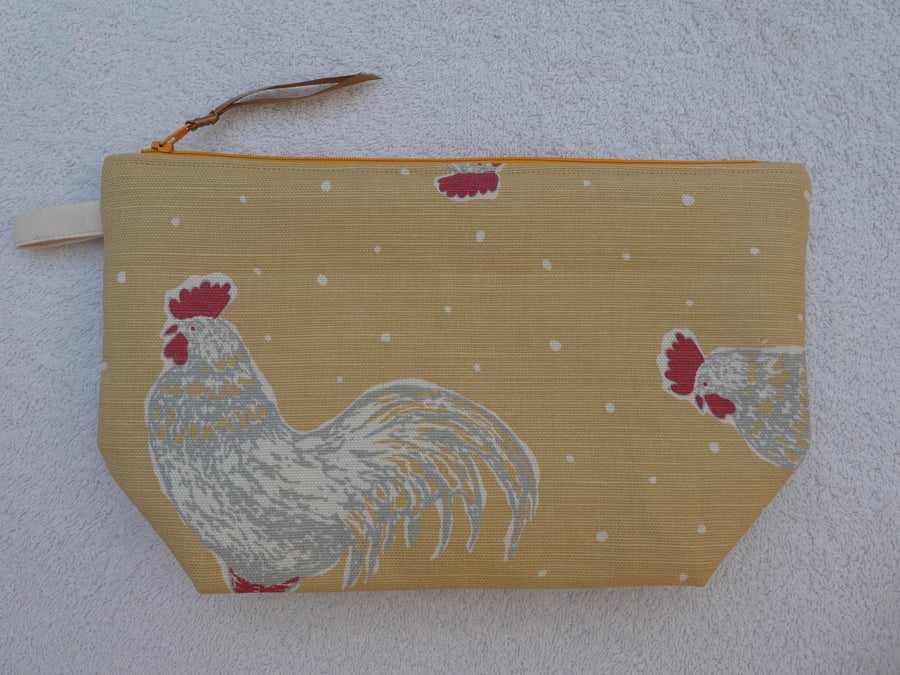 Cockerel Print Project Holder. Lined Purse. Zipped Holdall. Hen Print Fabric.