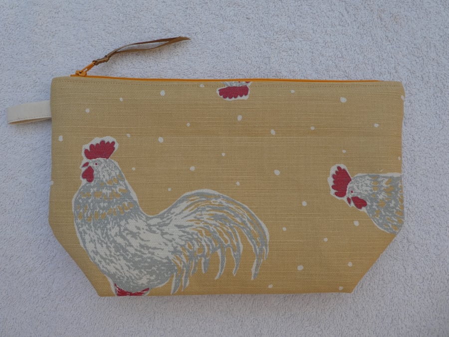 Cockerel Print Project Holder. Lined Purse. Zipped Holdall. Hen Print Fabric.