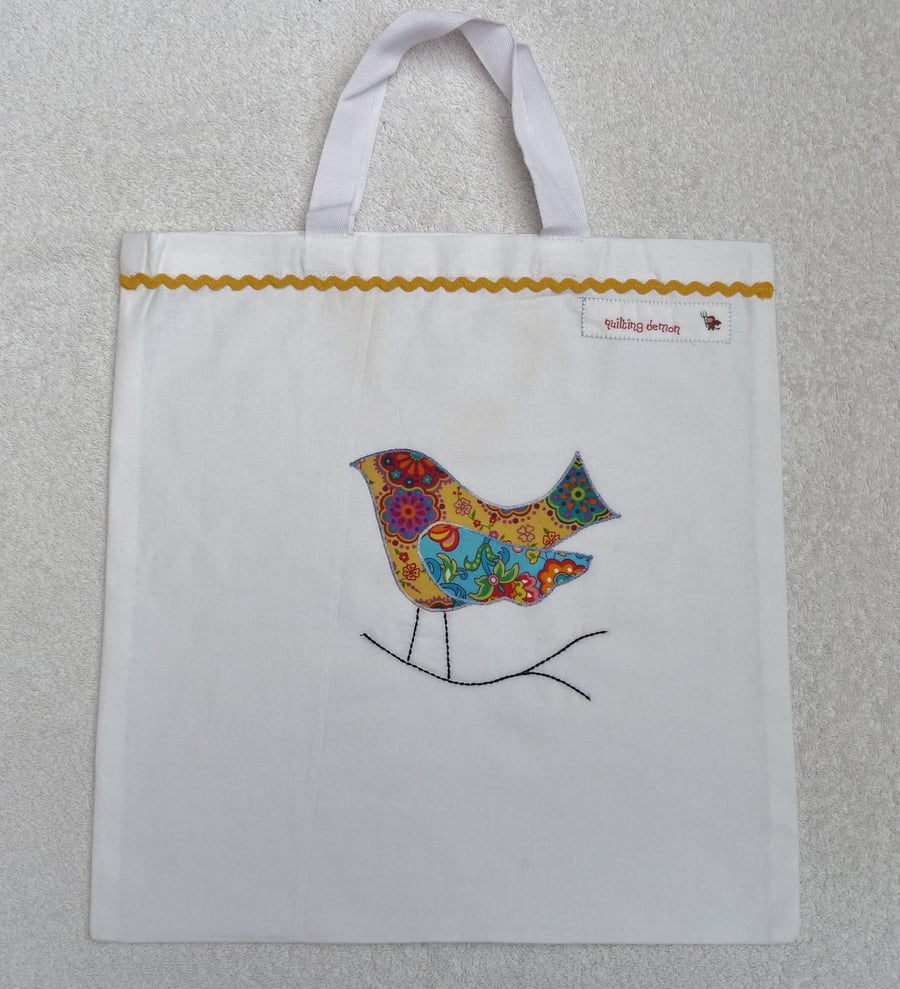 Applique Bird Cotton Canvas Bag with Short Handles