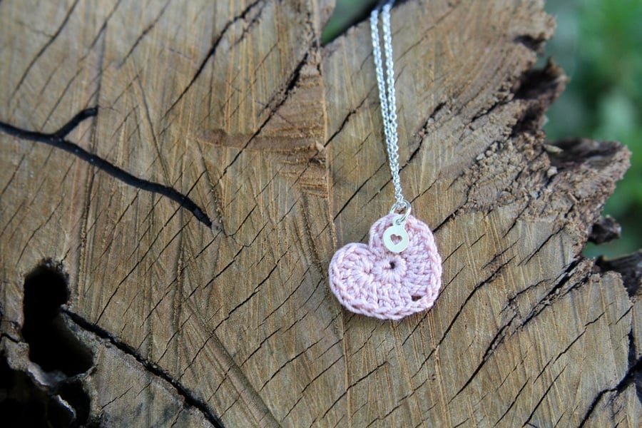 Pink Cotton Heart Necklace with Tiny Silver Heart, Cotton Anniversary Gift, 2nd 