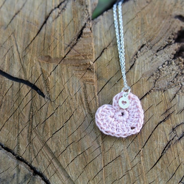 Pink Cotton Heart Necklace with Tiny Silver Heart, Cotton Anniversary Gift, 2nd 