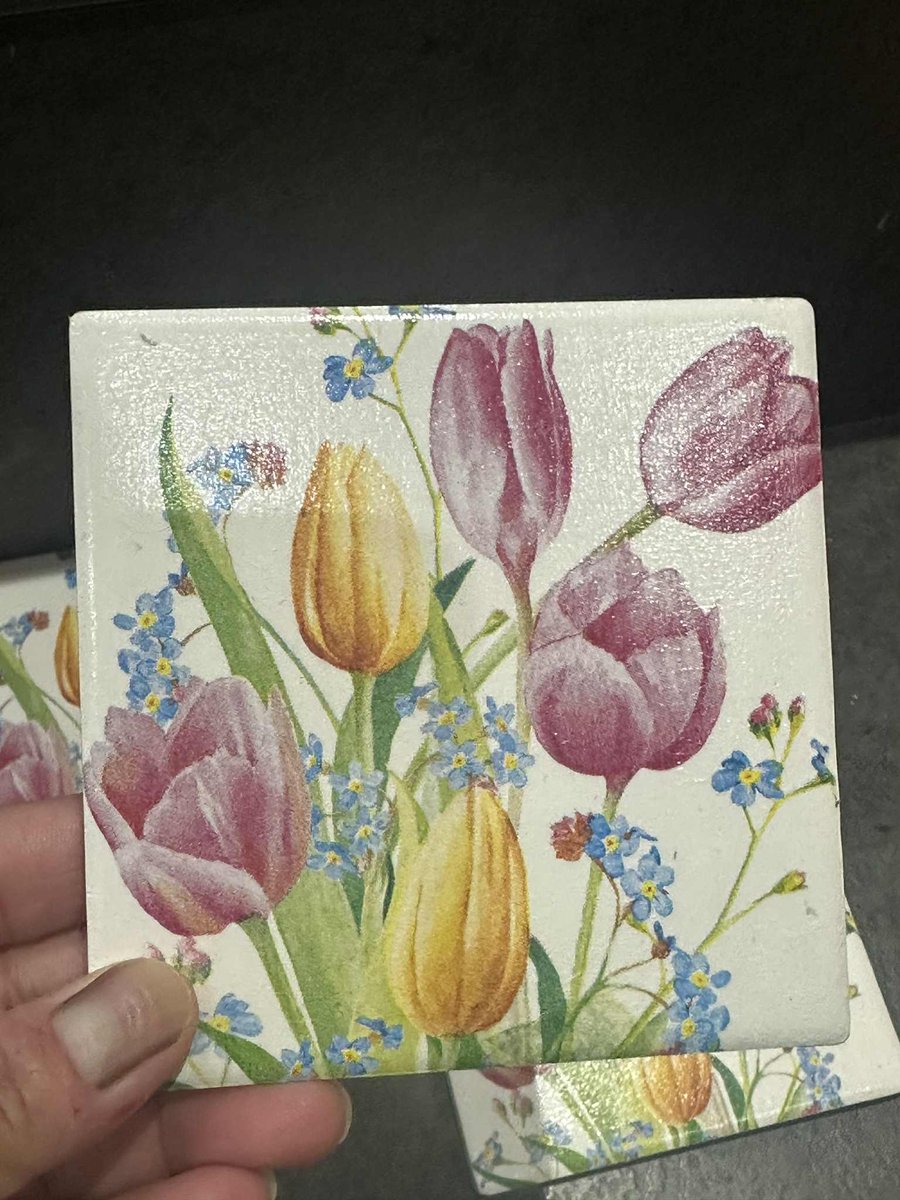 Tulips Tile Coasters Decoupage Gift for Home Pink Yellow Flowers set of 4