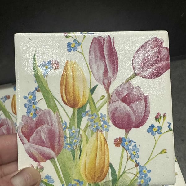 Tulips Tile Coasters Decoupage Gift for Home Pink Yellow Flowers set of 4