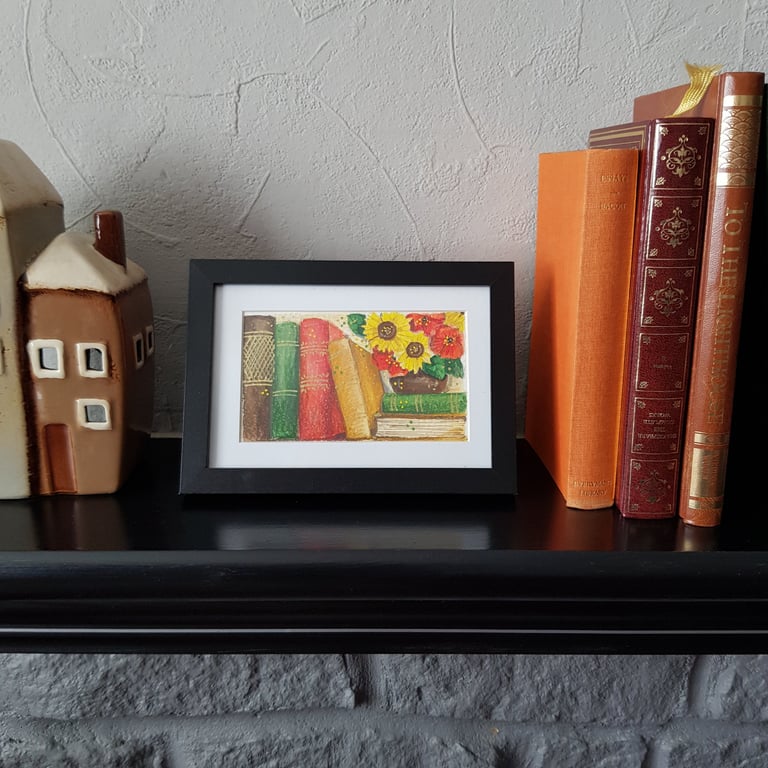 Whimsical bookshelf with sunflowers, poppies framed original artwork 