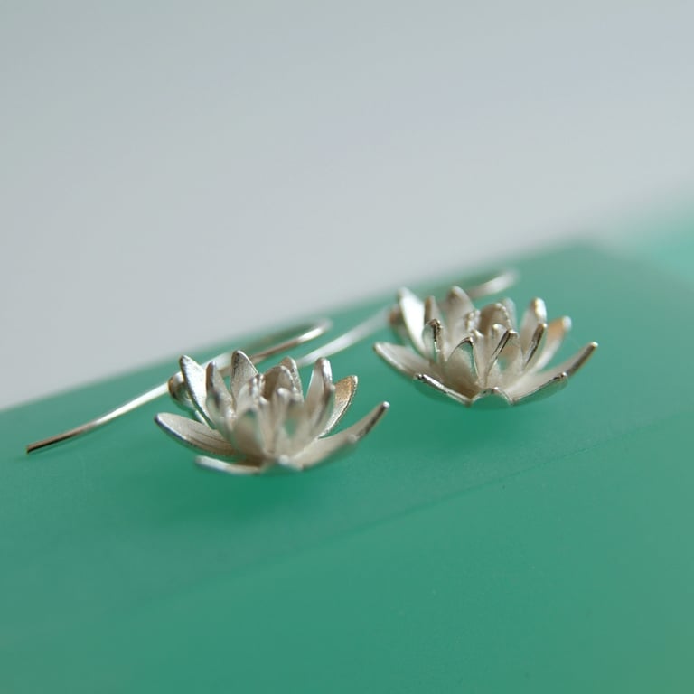 Sterling Silver Lotus Flower Earrings - Handmade in UK
