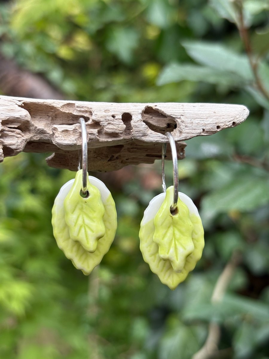 Sterling Silver Endless Hoop Leaf Earrings with Handmade Glazed Porcelain Leaves