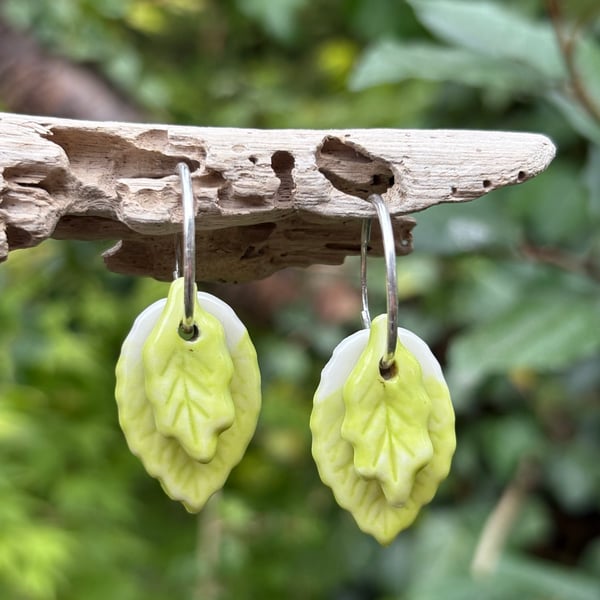 Sterling Silver Endless Hoop Leaf Earrings with Handmade Glazed Porcelain Leaves