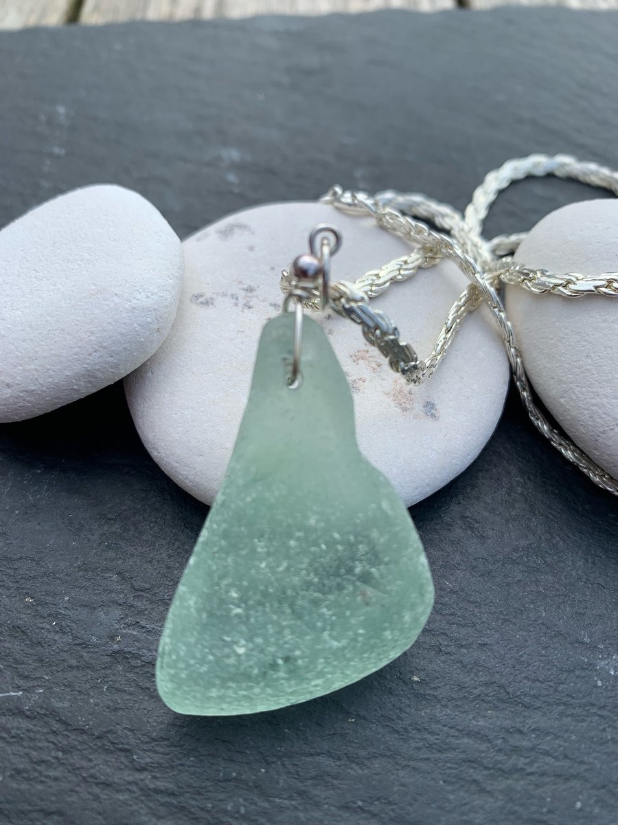 Silver plate and pale green seaglass pendant