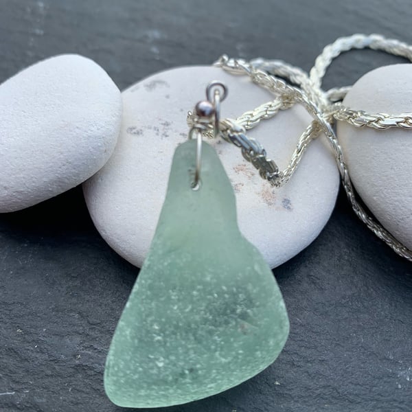 Silver plate and pale green seaglass pendant