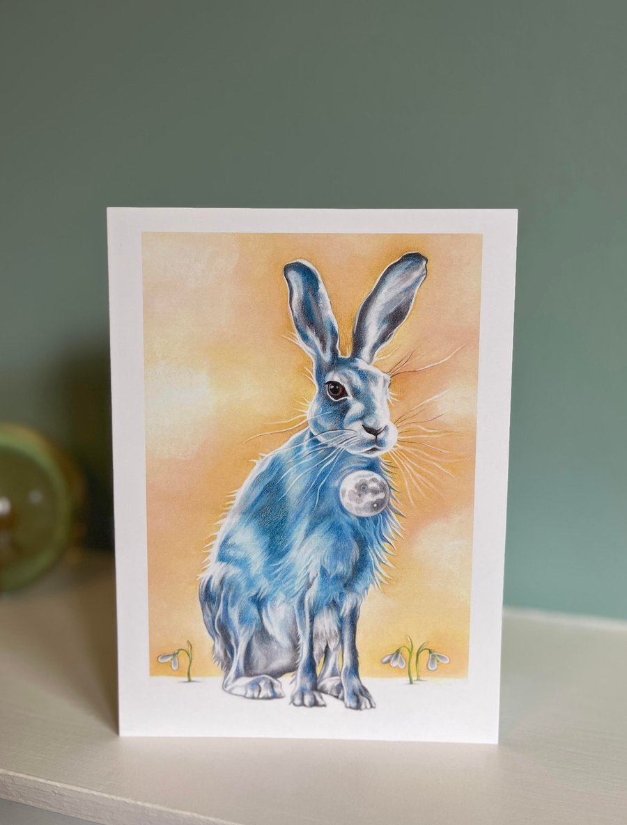 Lunar Hare greeting card - mystical hare, hare and moon art card 