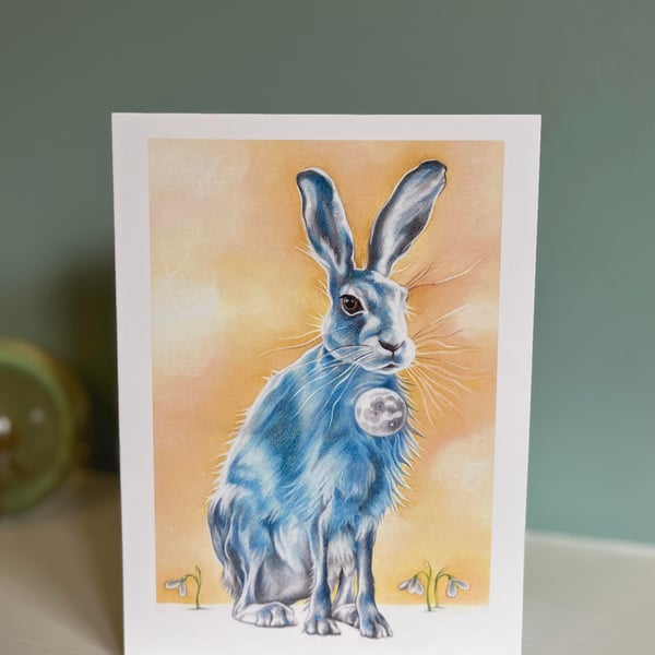 Lunar Hare greeting card - mystical hare, hare and moon art card 