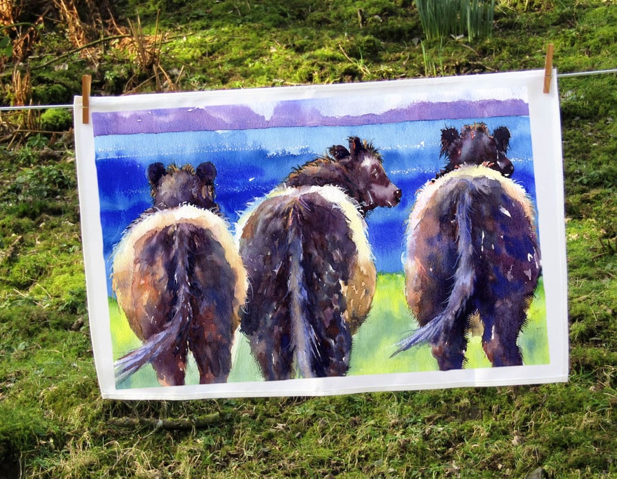 Tea towel with sea View, and Belted Galloway Cows.
