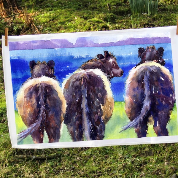 Tea towel with sea View, and Belted Galloway Cows.