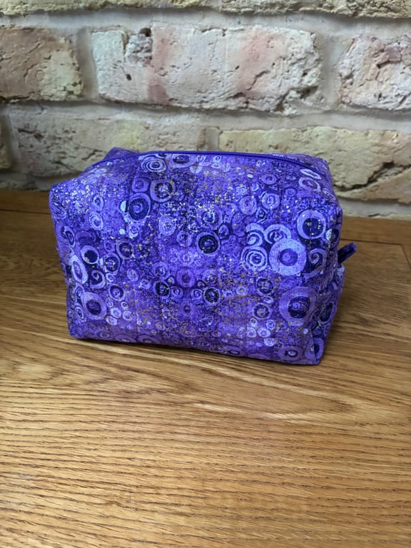 Purple Circles Quilted Fabric Box Shape Makeup Bag
