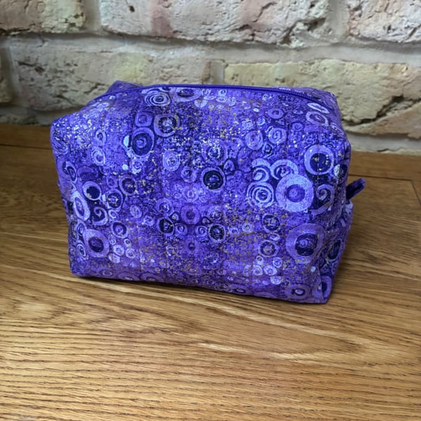 Purple Circles Quilted Fabric Box Shape Makeup Bag