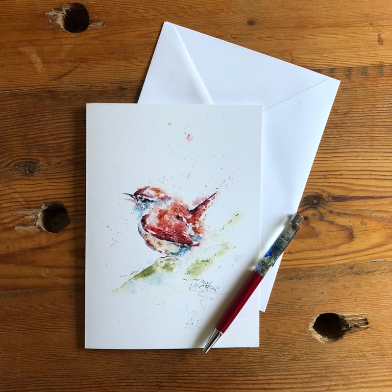 Wren Card, A5 blank greeting card with a watercolour wren bird design