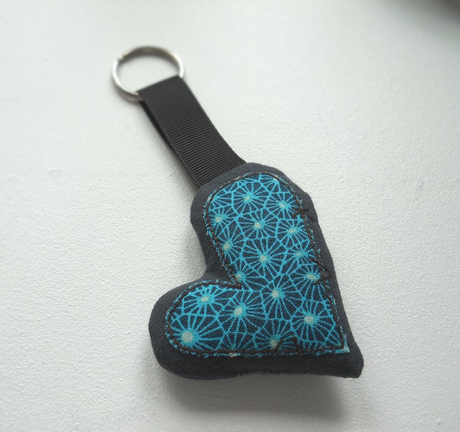 applique embroidered heart keyring key fob hanging decoration TEAL