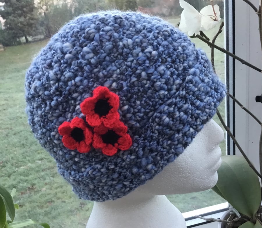 Emblem!  Soft Blue Mottled Crocheted Beanie or Slouchy Hat with Floral Accent