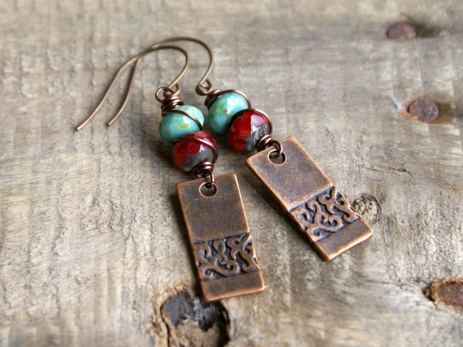 Red & Turquoise Copper Drop Earrings