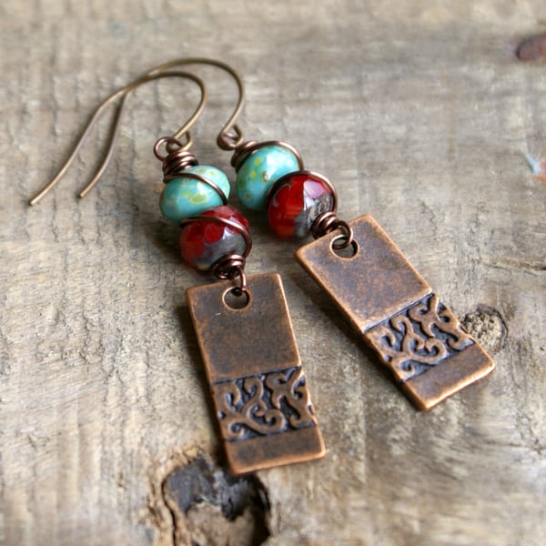 Red & Turquoise Copper Drop Earrings