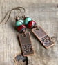 Red & Turquoise Copper Drop Earrings - Image 1