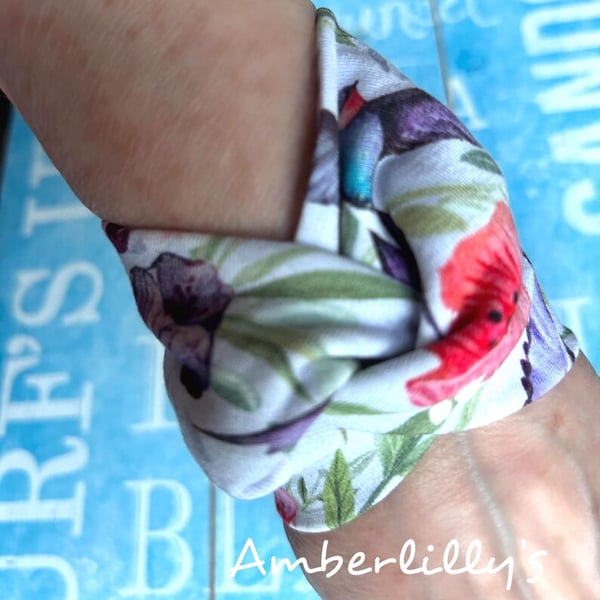 Boho repurposed fabric twist bracelet bird design