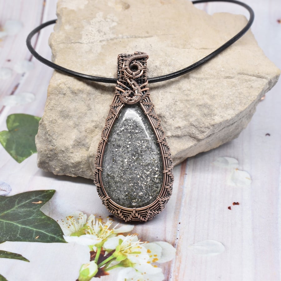 Black Sunstone and Copper Wire Woven Gothic Pendant