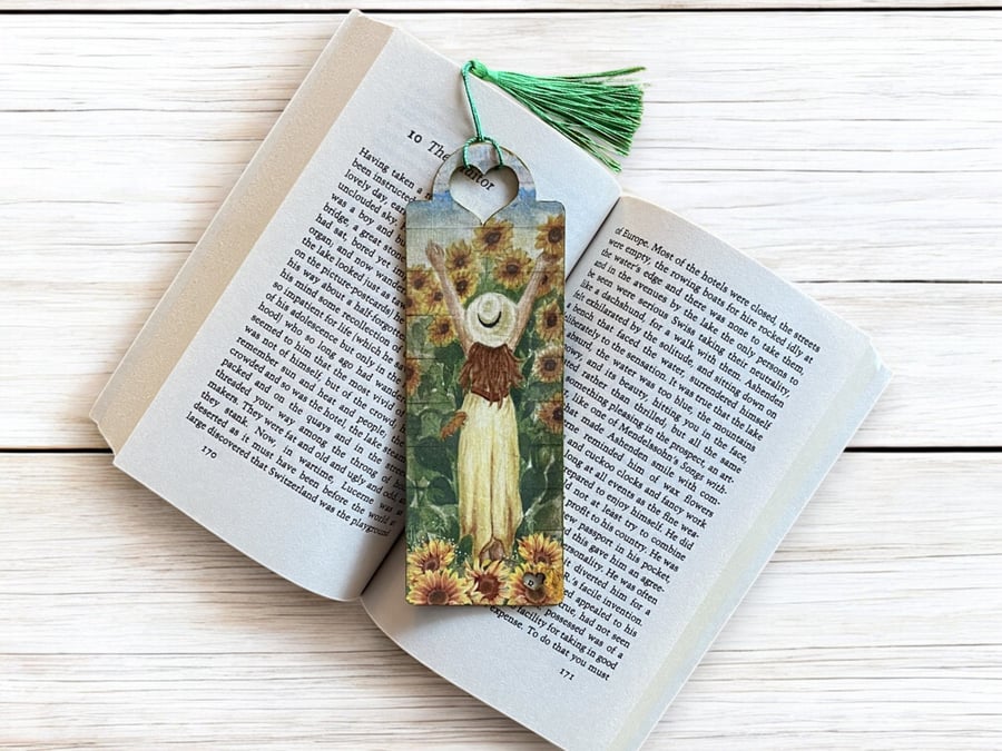 Bookmark, wooden decoupage bookmark, Sunflowers, girl