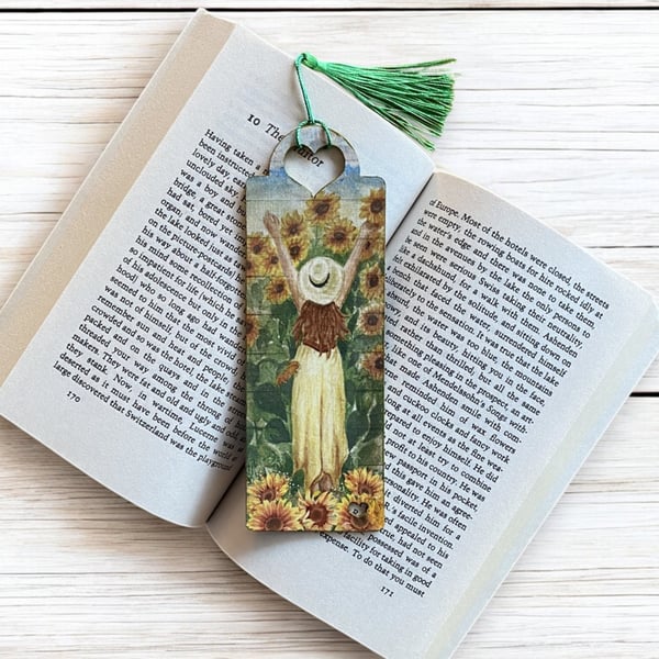 Bookmark, wooden decoupage bookmark, Sunflowers, girl