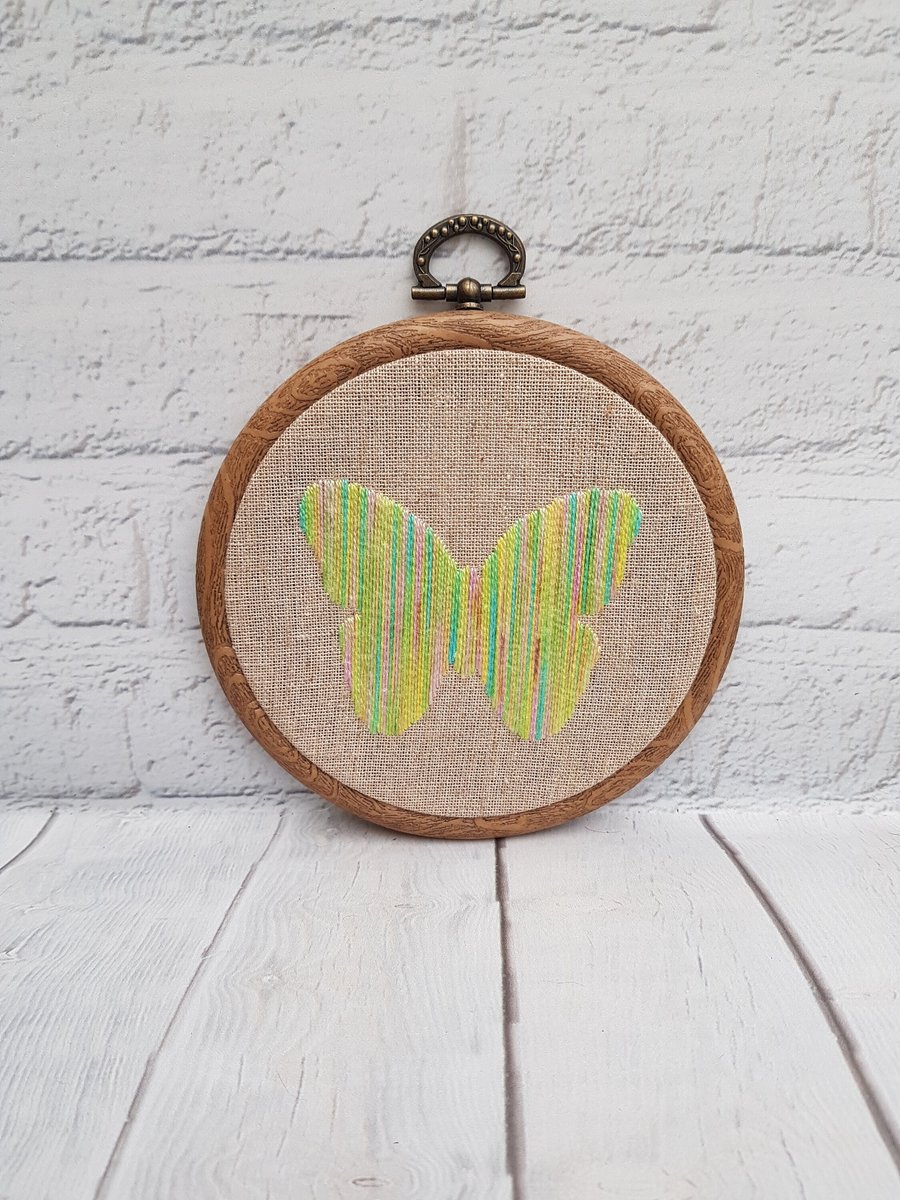 Yellow Variegated Butterfly on Hessian Hand Embroidery Hoop