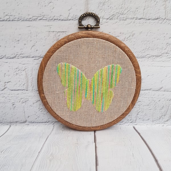 Yellow Variegated Butterfly on Hessian Hand Embroidery Hoop