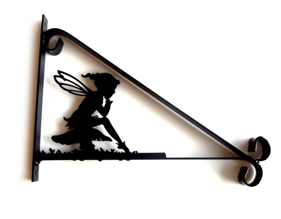 Pixie Elf Girl Sat on Toadstool Silhouette Scroll Style Hanging Basket Bracket
