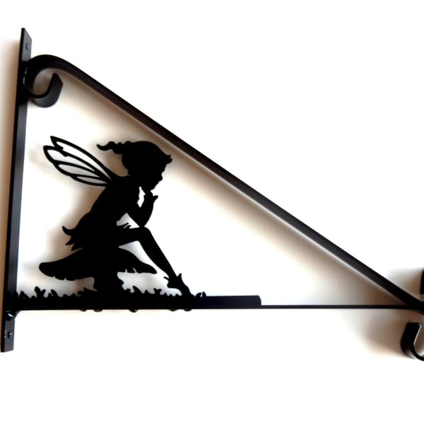 Pixie Elf Girl Sat on Toadstool Silhouette Scroll Style Hanging Basket Bracket