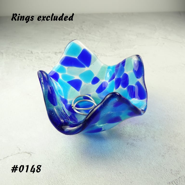 Blue mosaic fused glass trinket dish, rings, earrings, 8cm approx (0148)