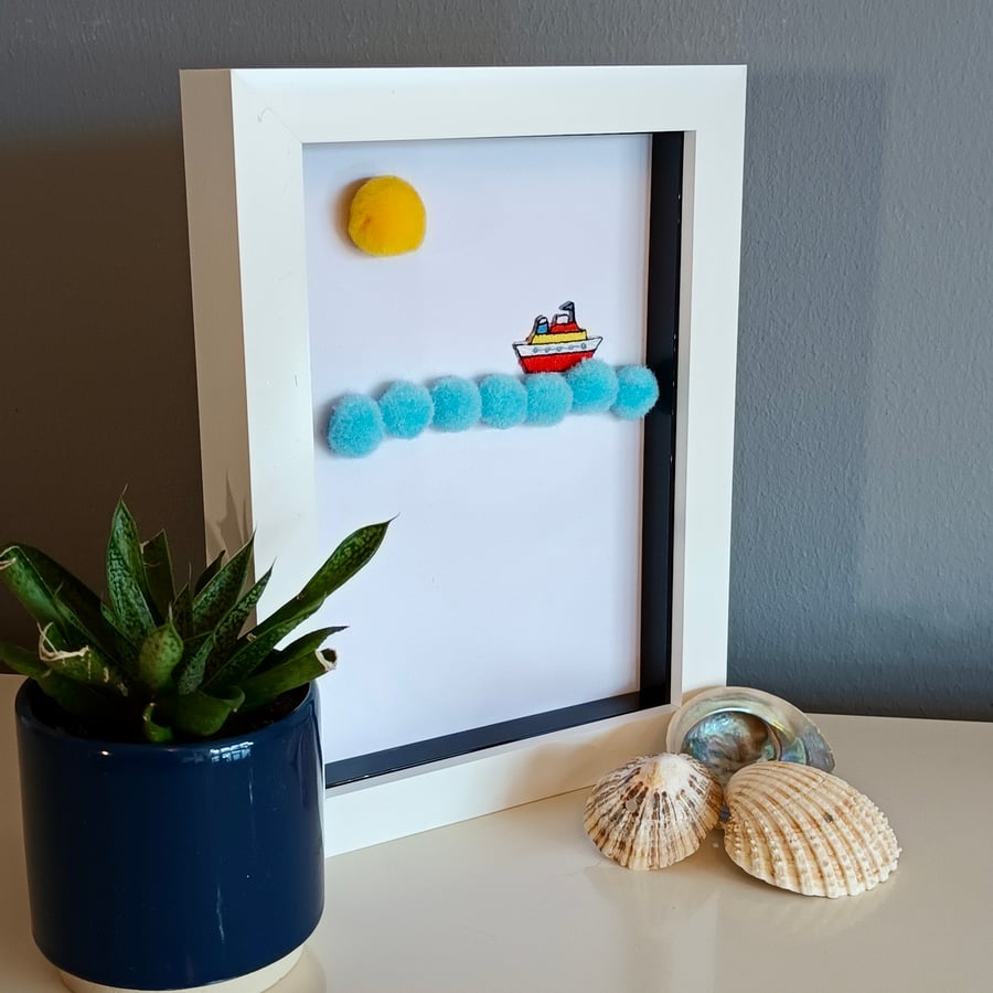 Ship Sailing on the Sea - 3D Collage Art - made with remnant materials 6" x 8"