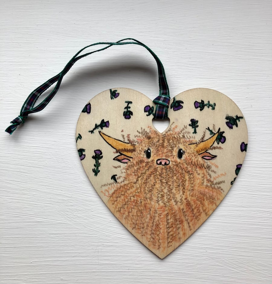 Highland Cow with Thistles, Hanging Decoration, Gift Tag, Bag Tag