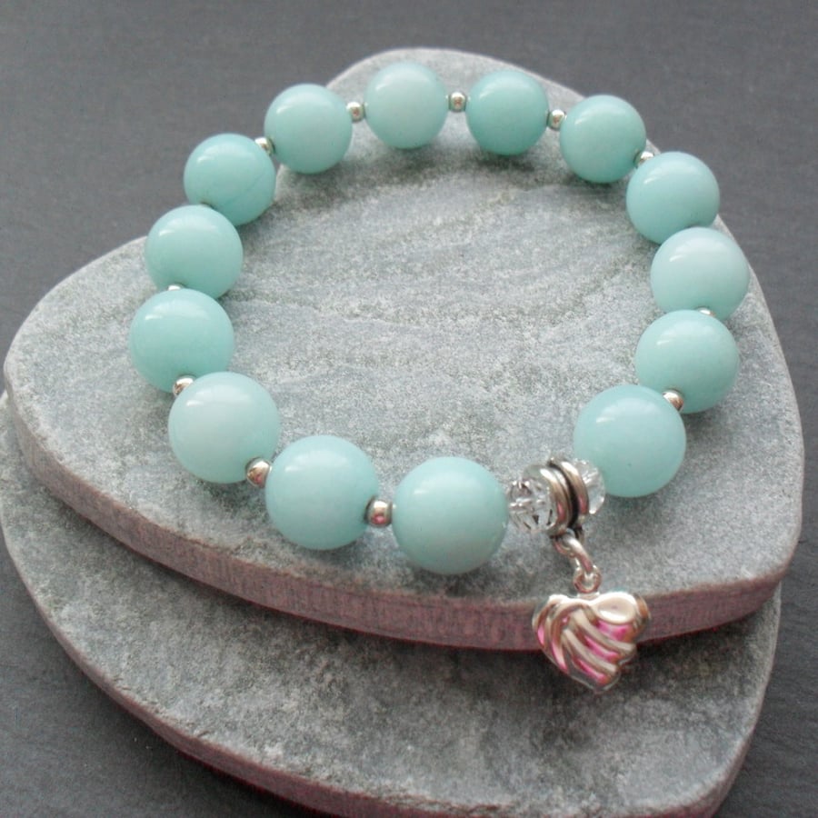 Aqua Quartzite Stretch Bracelet With Heart Charm