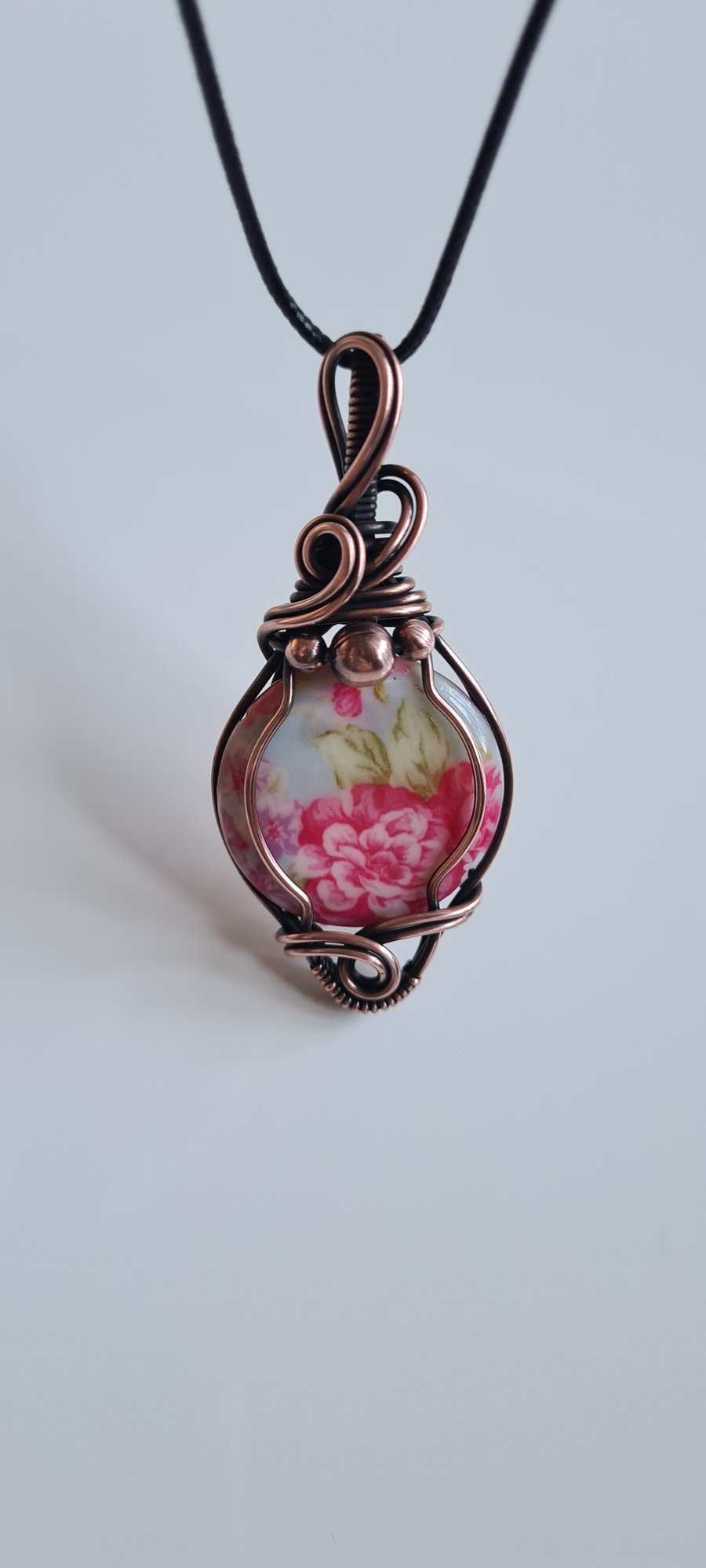 Handmade Pink Floral Flower Wrapped Bead & Copper Pendant Gift Boxed Jewellery